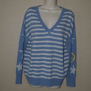 NWOT Sz M Label + Thread Blue Striped Cashmere V Neck Sweater